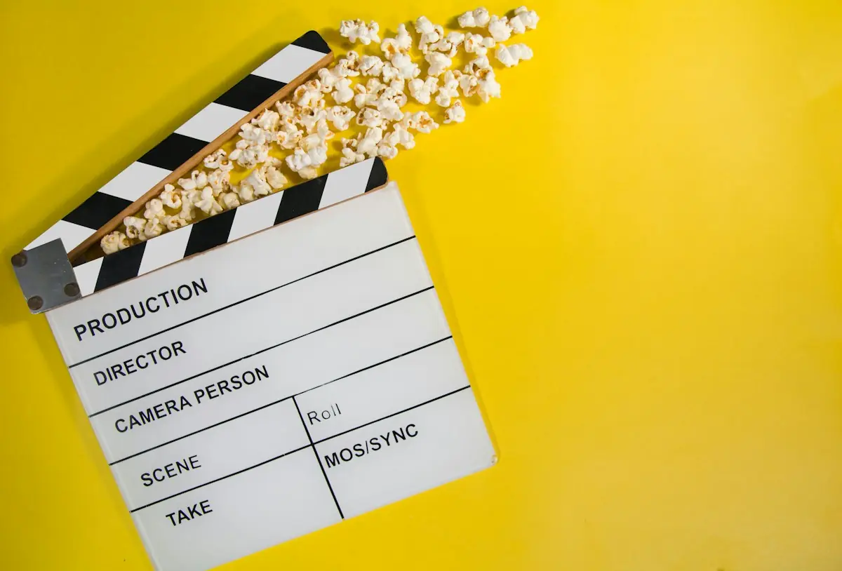 Film clapperboard with popcorn on a yellow background