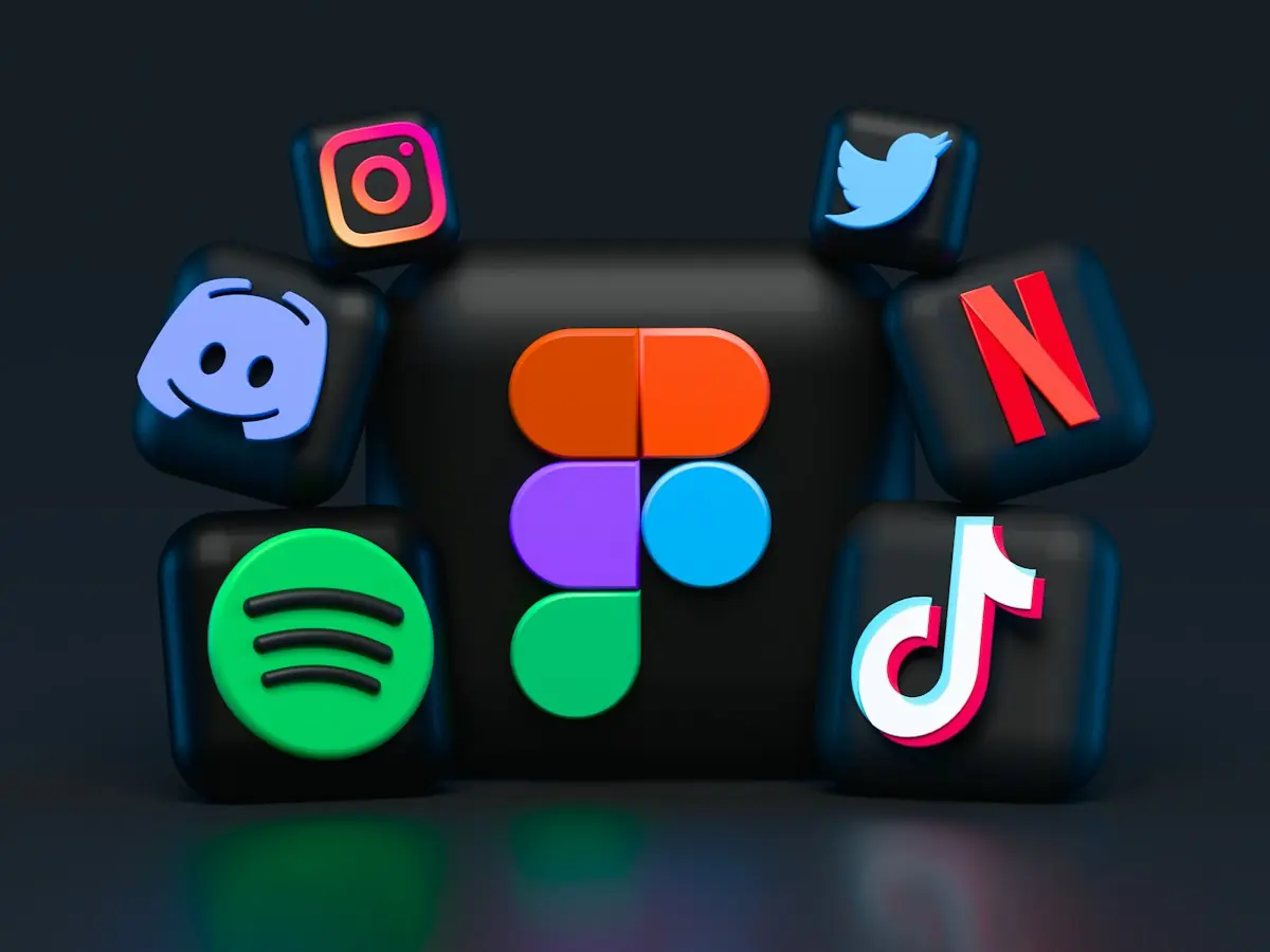 Social media app icons floating on a dark background